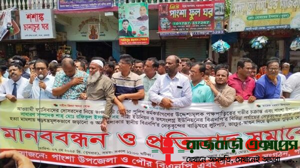 রাজবাড়ীর পাংশায় বিএনপি নেতাকর্মীদের নামে হত্যা মামলায় ষড়যন্ত্রমূলকভাবে জড়ানোর অভিযোগ এবং স্থানীয় বিএনপি নেতাদের বাড়িতে হামলা, অগ্নিসংযোগ ও লুটপাটের প্রতিবাদে